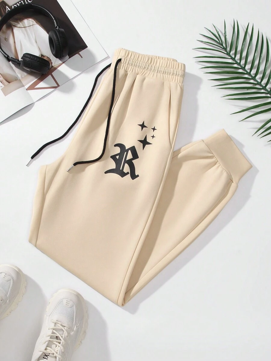 SHEIN Unity Ladies' Drawstring Waist & Cuffed Hem Casual Jogger Pants With Letter Print - Apricot - View 1