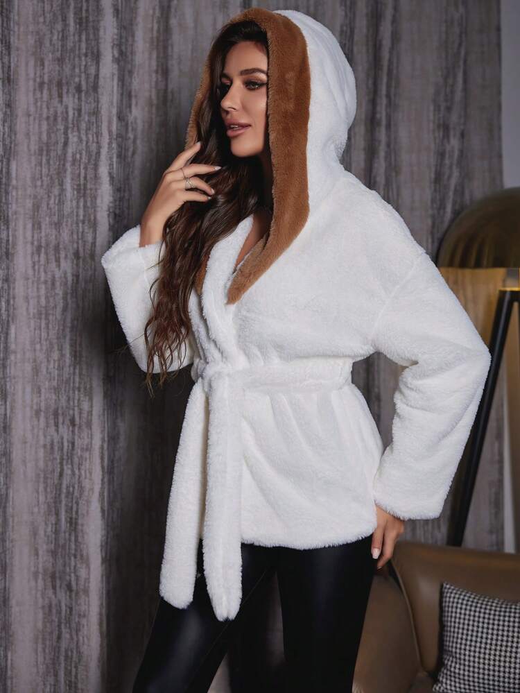 Color Blocking Hooded Coat With Collar Fall Cloth For Women