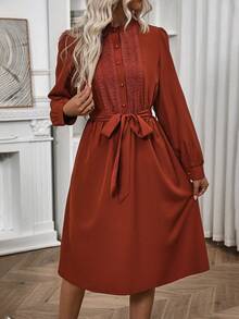 SHEIN LUNE Ren Nối Single-breasted Váy có thắt lưng - Rỉ Nâu - Xem 3