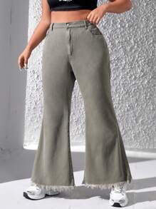 SHEIN EZwear 大尺碼女式放鬆版型牛仔褲,星星補丁和毛邊造型 - 軍綠色 - 查看 3