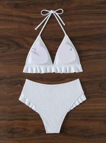 SHEIN Swim Summer Women'S Halter Neck Ruffle Hem Bikini Set - White - View 5