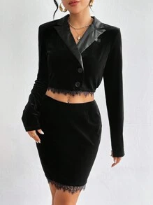 SHEIN Privé 天鵝絨閃亮鑲嵌蕾絲女士短款西裝外套 - 黑色 - 查看 5