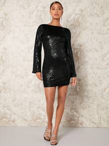 SHEIN BAE Gorgeous Women's Cutout Back Lace-up Sequin Dress - Black - View 4