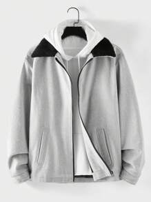 RueChic 1pc Men's Contrast Teddy Collar Zipper Front Jacket - Grey - View 1