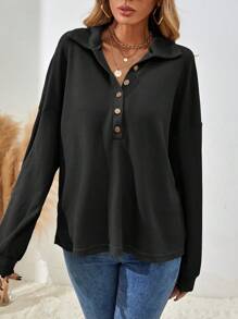 EMERY ROSE Women's Drop Shoulder V-Neck Half Button Tee Fall Cloth For Women - Black - View 6