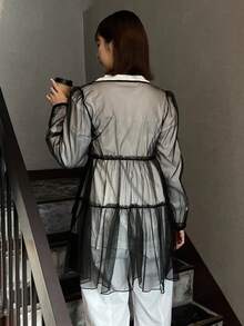 FRIFUL 女用荷葉邊下擺網眼上衣 - 黑色 - 查看 2