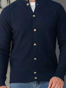 Manfinity Homme Men's Slim Fit Cardigan With Raglan Sleeves And Button Chunky Plain Royal Blue Urban Fashion Friends - Navy Blue - View 1