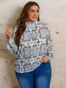 Flirla Plus Size Stand Collar Lantern Sleeve Top - Multicolor - View 4