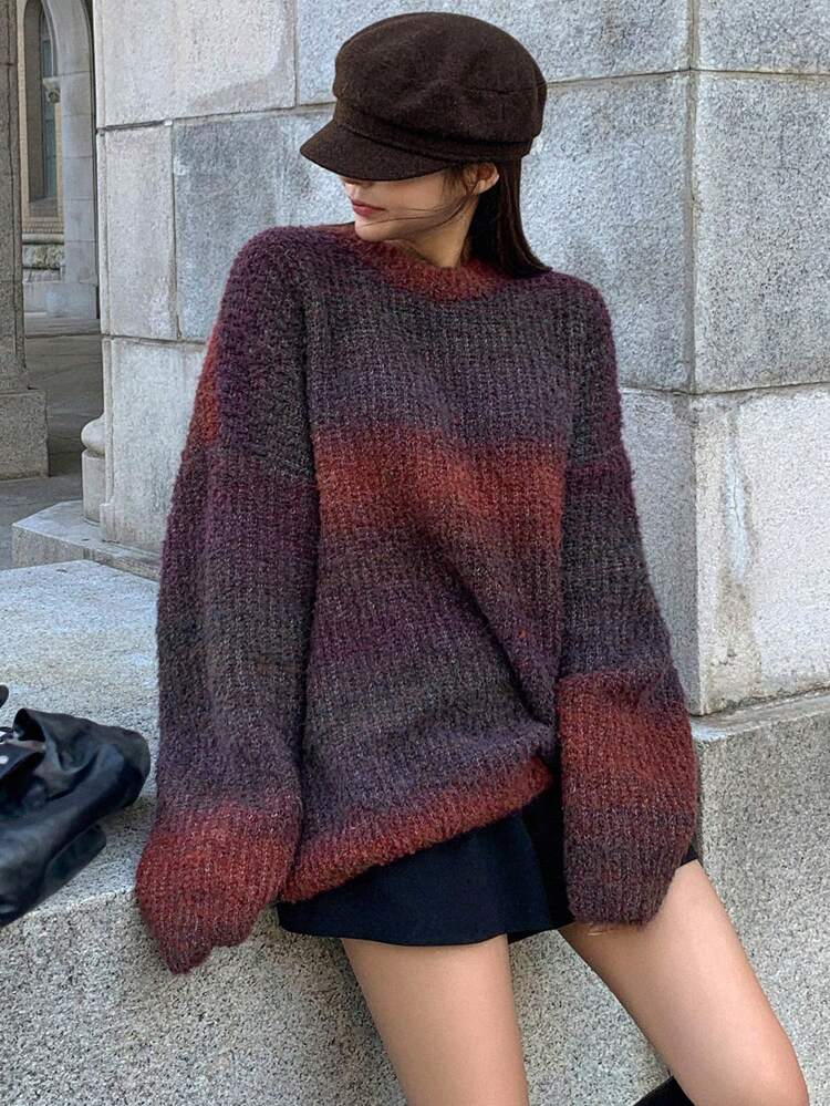 Women's Loose Casual Ombre Drop Shoulder Knit Sweater For Spring And Autumn,Long Sleeve Tops,Fall Women Clothes