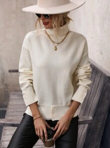 SHEIN LUNE High Neck Drop Shoulder Knit Pullover Fall Winter Sweater - Beige - View 1
