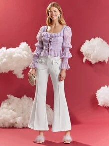 Enchnt Xù Hoa Sen Tay áo Áo sơ mi - Màu tím hoa cà - Xem 6