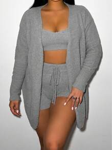 VaVaBold 3入組實色針織上衣和開襟短褲套裝,夏季穿搭 - 深灰色 - 查看 4