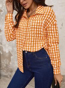 SHEIN LUNE Của phụ nữ Kẻ sọc In Túi vá Nút phía trước Áo sơ mi - Nhiều màu - Xem 1