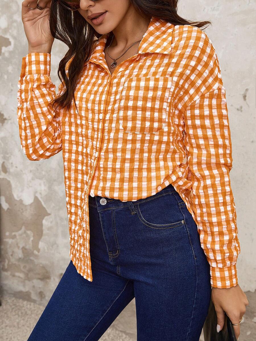 SHEIN LUNE Của phụ nữ Kẻ sọc In Túi vá Nút phía trước Áo sơ mi - Nhiều màu - Xem 1