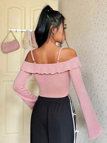 SHEIN MOD Women Butterfly Print Open Shoulder T-Shirt - Pink - View 2