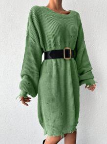 EURMUSE Drop Shoulder Distressed Jumper Without Belt - Green - View 5