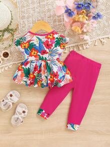 SHEIN 寶寶女孩休閒植物紋短袖上衣彈性腰帶彩色拼接褲套裝 - 綠色 - 查看 2