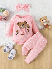 SHEIN Vintaside Kids Conjunto de body, pantalones y diadema con estampado de oso lindo para bebé niña en color rosa - Rosa - Ver 1
