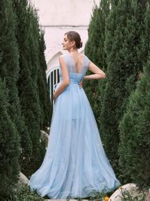 Maternity Solid Color Mesh Dress Elegant Gown For Evening Party - Baby Blue - View 2