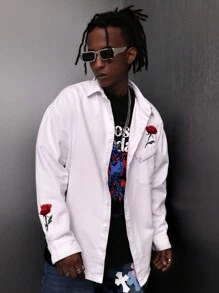 Manfinity Roghcode Lỏng lẻo phù hợp Nam In hoa Cúc bấm Áo denim - trắng - Xem 1