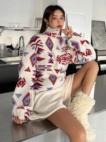 DAZY Women's Geometric Pattern Zipper Half Placket Sweatshirt,Thermal Lined Fall,Winter - Multicolor - View 6