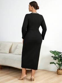 Celure 大尺碼拼接邊緣開叉下擺洋裝 - 黑色 - 查看 2