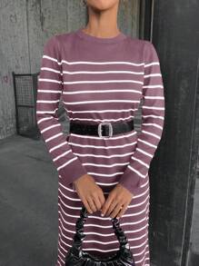 SHEIN Cottnline Striped Long Sleeve Round Neck Sweater Dress - Dusty Pink - View 6