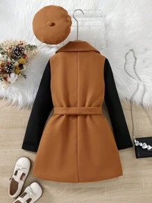 SHEIN 孩童女孩格紋領子、腰帶、背心、外套、長袖t卹、帽子配套裝 - 卡其色 - 查看 2