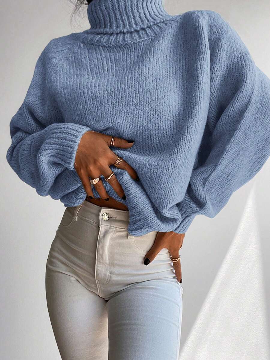 RueChic Jersey cuello alto de manga raglán tejido de canalé - Azul - Ver 1