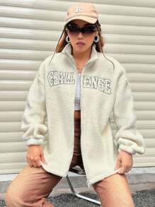 SHEIN Unity Women's Solid Color Plush Letter Print Long Sleeve Jacket - Apricot - View 6