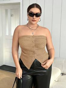 SHEIN Essnce 大码褶饰不对称下摆露肩上衣 - 卡其色 - 查看 4