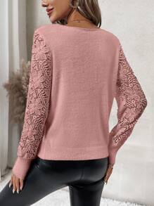 SHEIN Clasi V領長袖毛衣,帶有蕾絲插入 - 粉色 - 查看 2