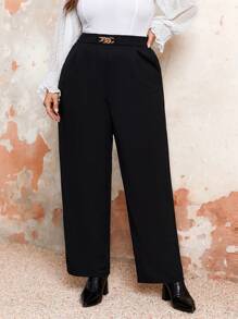 SHEIN Franclia 大尺碼高腰直筒褲 - 黑色 - 查看 1