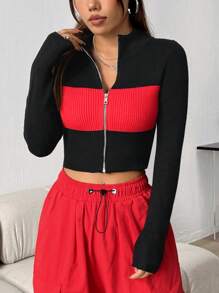 SHEIN Unity Của phụ nữ Khối màu Dây kéo Khép kín Quần skinny Áo len Mở - màu đen - Xem 3