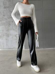 EURMUSE High Waist Slant Pocket PU Leather Pants - Black - View 3