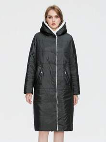 Astrid Plus Zip Up Hooded Quilted Coat - Dark Grey - View 1