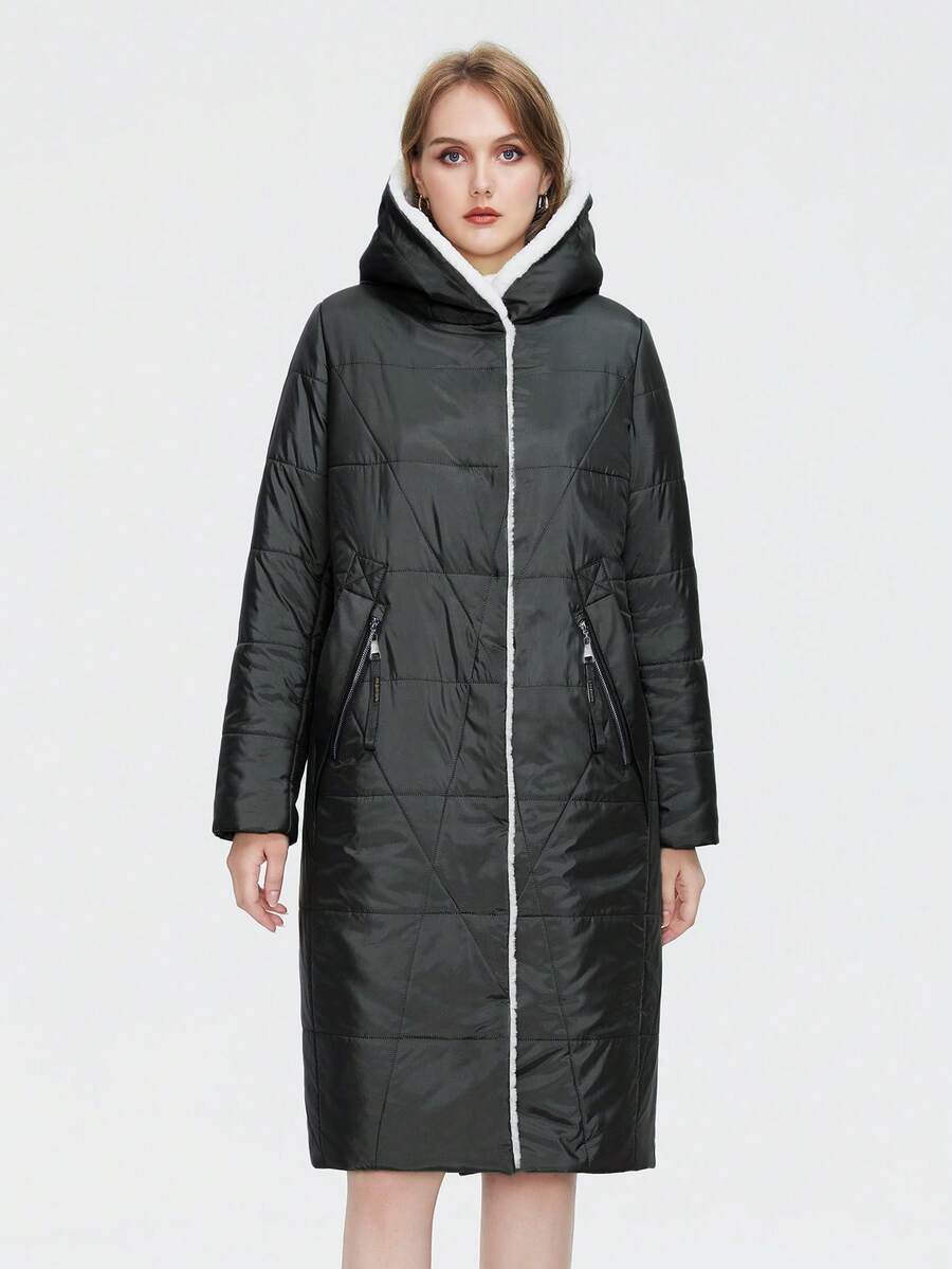 Astrid Plus Zip Up Hooded Quilted Coat - Dark Grey - View 1