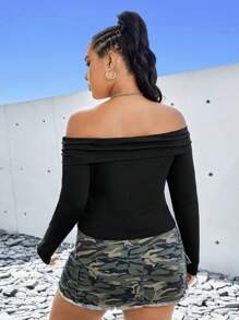 SHEIN EZwear Women's Plus Size Off-shoulder Ribbed T-shirt - Black - View 2