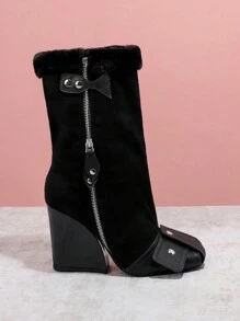 SHUZIA Women's Solid-Colored Side-Zipper All-Match Chunky Heel Platform Boots - Black - View 4