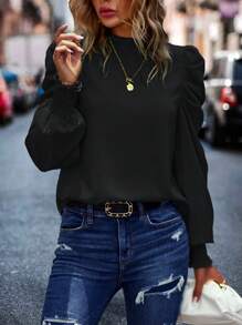 SHEIN Clasi 小高領羊腿袖襯衫 - 黑色 - 查看 6