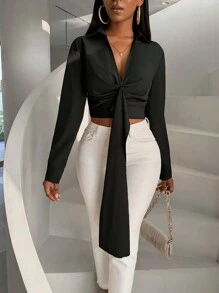 SHEIN Lady Women's Solid Color Pleated Lace Shirt - Black - View 1