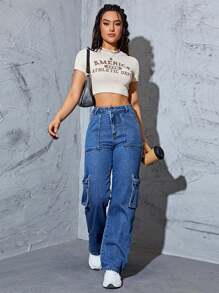 Flap Pocket Side Cargo Jeans - Medium Wash - View 6