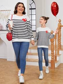 女童針織愛心印花和條紋圓領寬鬆休閒t恤 - 彩色 - 查看 1