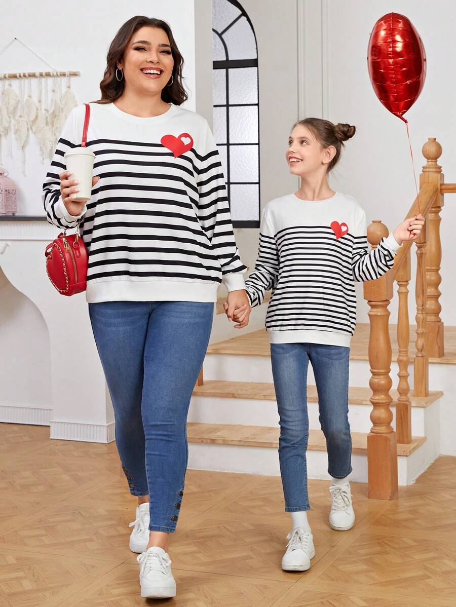 女童針織愛心印花和條紋圓領寬鬆休閒t恤 - 彩色 - 查看 1