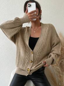 EURMUSE Cable Knit Drop Shoulder Cardigan - Mocha Brown - View 4