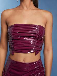 Hauture Patent Ruched Top & Split Skirt Two Piece Set - Red Violet - View 5