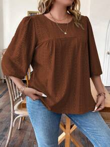 SHEIN LUNE Plus Size Women'S Puff Sleeve T-Shirt - Brown - View 1