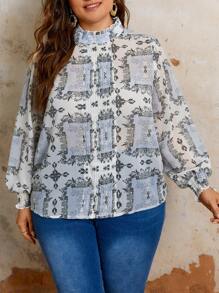 Flirla Plus Size Stand Collar Lantern Sleeve Top - Multicolor - View 1