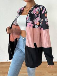 SHEIN LUNE Cazadora Con Capucha De Bloques De Color Estampada Con Flores - Multicolor - Ver 5