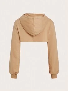 SHEIN EZwear 女裝帶擺兜帽超短毛衣 - 卡其色 - 查看 2